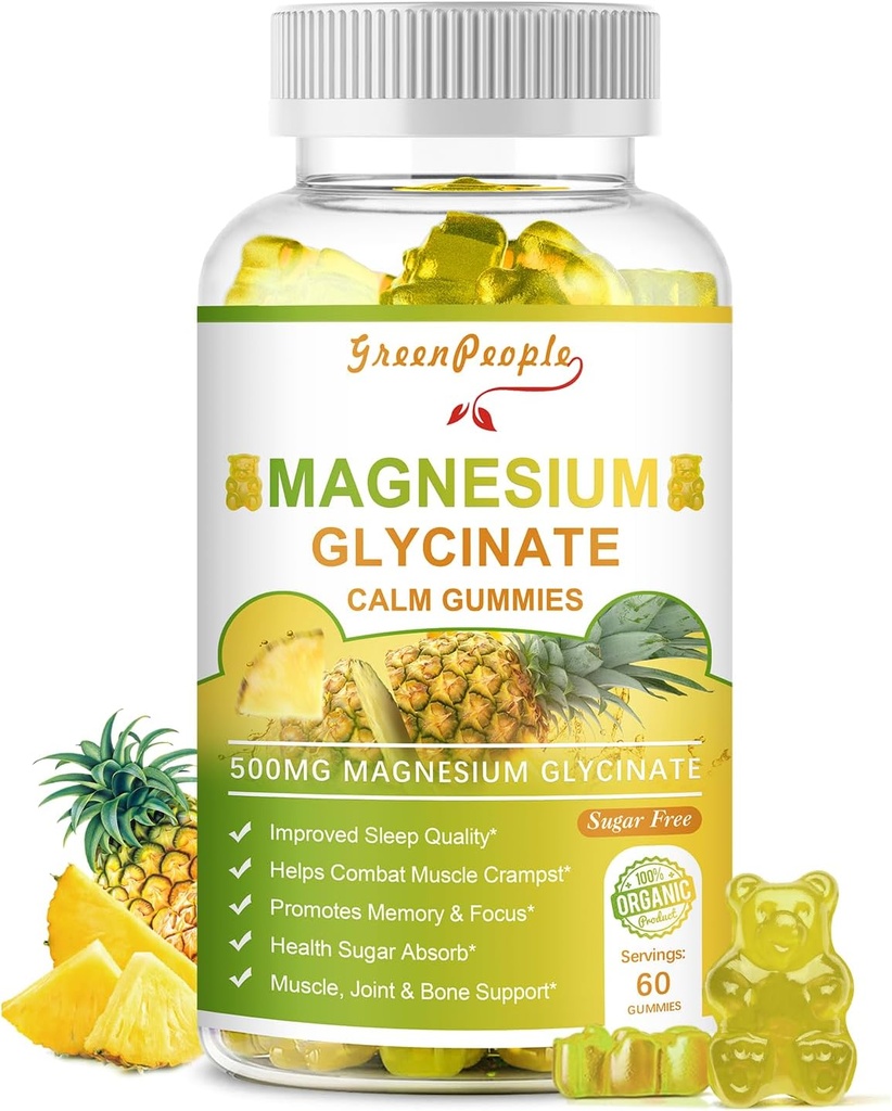 Glycinátové gumy hořčíku s citrátem 1000mg, Taurate & Matale - bez cukru - doplněk hořčíku draselný s vitaminem D, K2 pro klidnou náladu a podporu Zzz - 60 ananasových gumiček