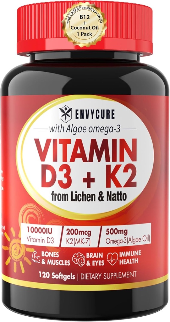 Plant- based vitamin D3 K2 doplněk Softgel - Vit D3 10000 Iu + Vitamin K2 Mk7 200 Mcg, Řasy Omega33, hořčík, Vitamin B12 pro kosti a svaly, imunitní podpora, Max Absorpce, Snadno spolknout 1pack