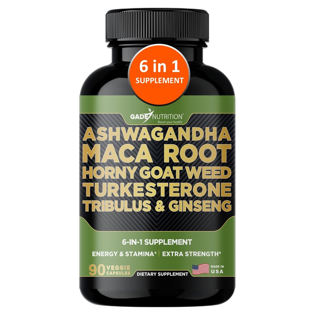 Gade Nutrition Ashwagandha s Maca Root, Horny Kozí Tráva, Turkesterone dodatek, Tribulus Terrestris, Panax Ginseng 124; 90 Zeleninové kapsle pro energii, Stamina, Performance. 124; Made in USA