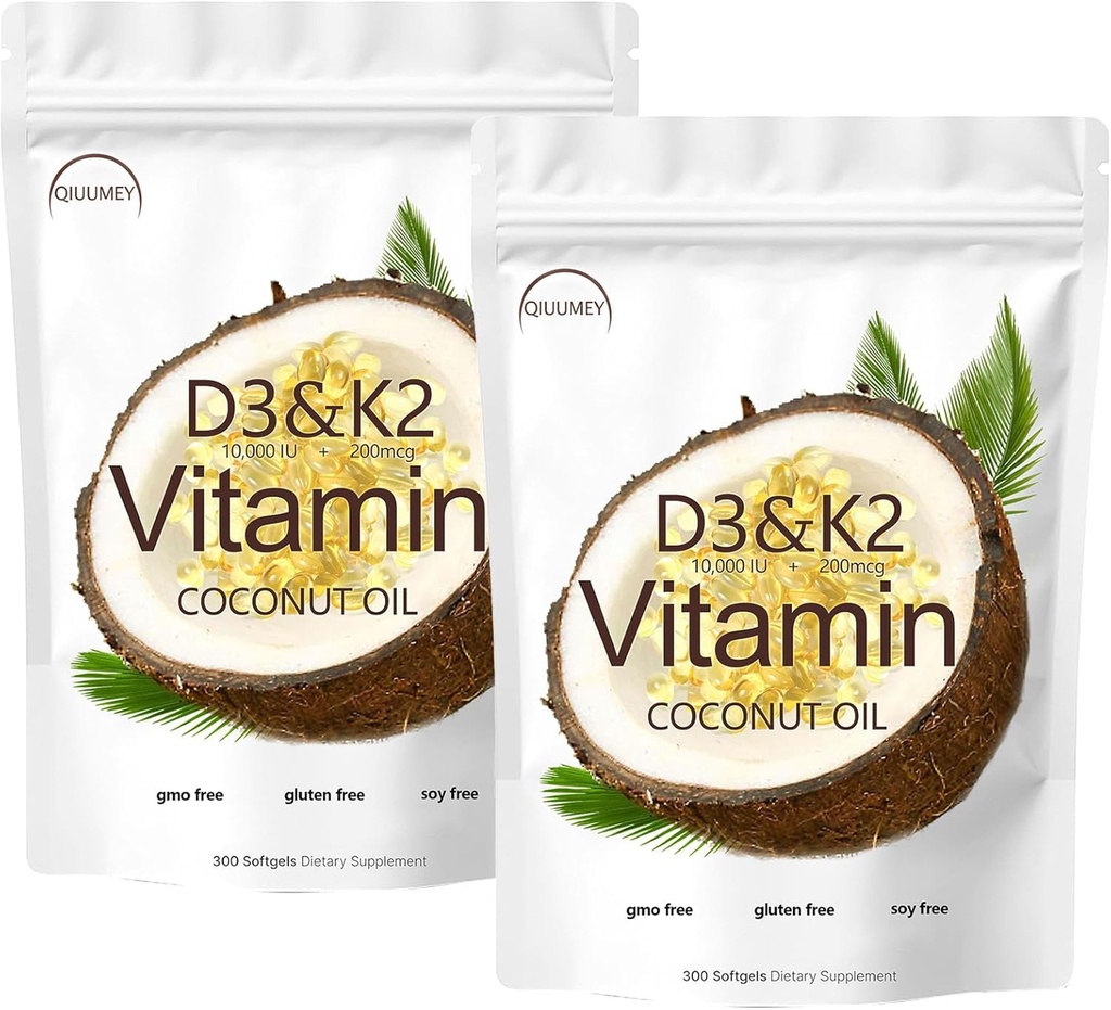 D3 + K2 Coconut Oil Soft Gels, Vitamin D3 10000 iu Plus K2 (MK-7) 200 mcg, Vitamin D3 K2 Supplement Softgels, Doplňte Vitamin D3 K2 Coconut Oil Softgels 300 Gely