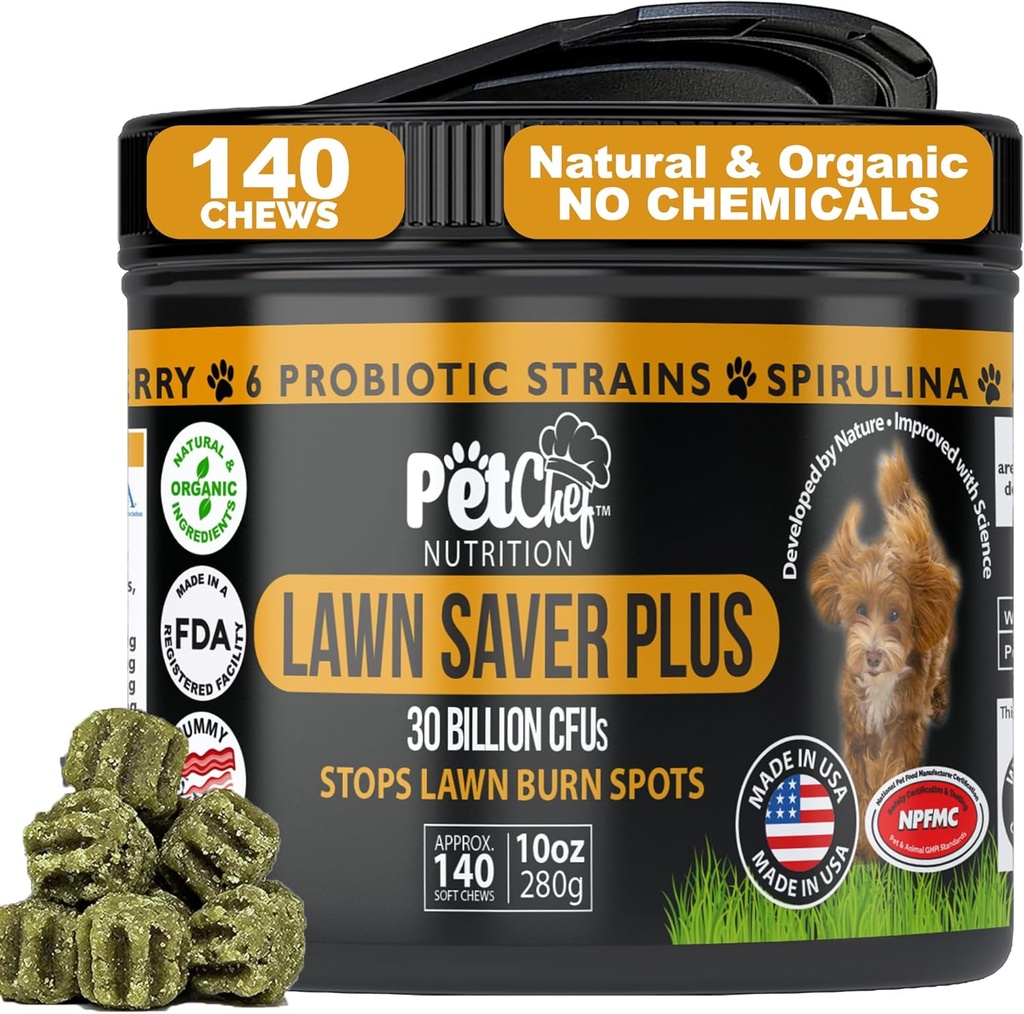 Pet Chef Lawn Saver, Soft Chew, Vegan Bacon! Psí moč Yard Burn Stopper. Staví Yards, chrání rostlinnou škodu a pomáhá růst zpět Yards. Prevents Yard Pee Damage
