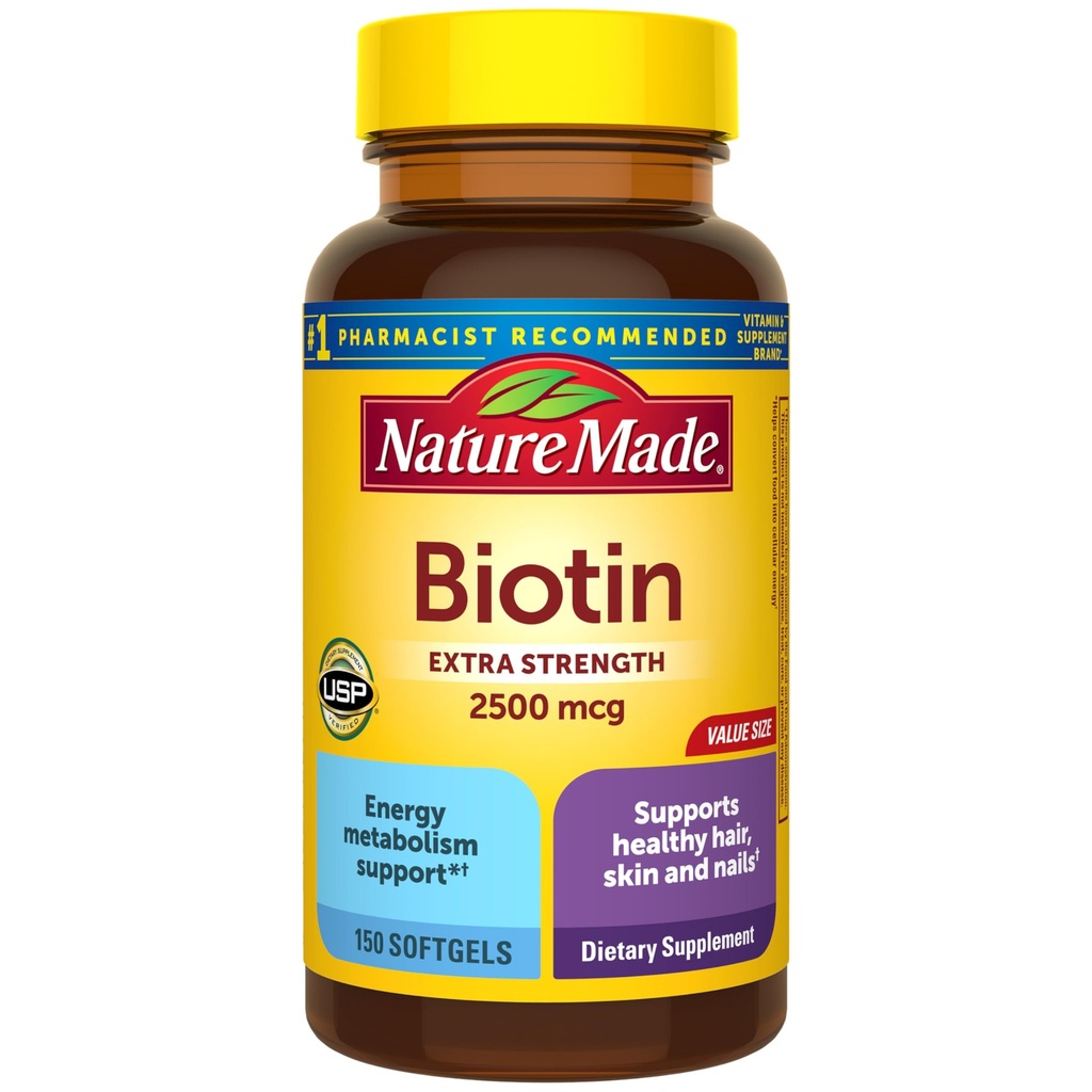 Nature Made Biottin 2500 mcg Extra Strength, Biotin Supplements Support Zdravé vlasy kůže a nehty, 150 Softgels, 150 Day Supply