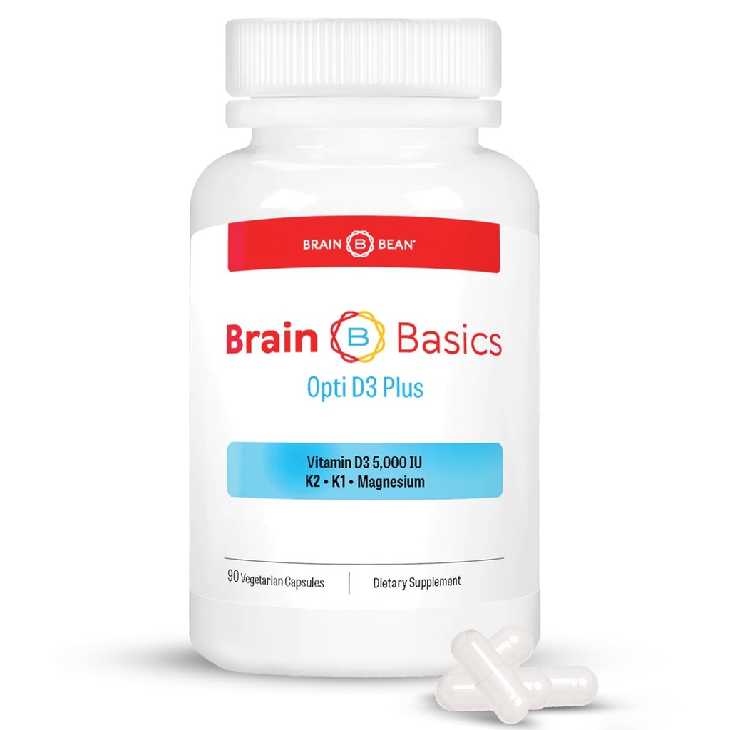 Brain Basic Opti D3 Plus - Vitamin D3 5000 IU s K1, K2 a hořčík - Příplatek k podpoře mozku pro mood, mysl, paměť - kost, svalovina, a imunitní zdraví - Gluten Free, Soy Free, a mléčné výrobky zdarma