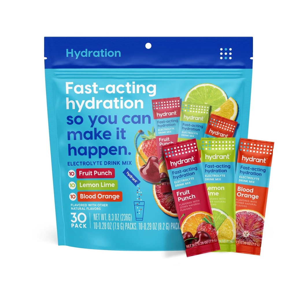 Hydrant - Hydratační prášek Variety Pack, 30 Individuální Instant Electrolyte Rehydratační balíčky - Nízký cukr nápoj Mix pro denní použití, Cestování a cvičení