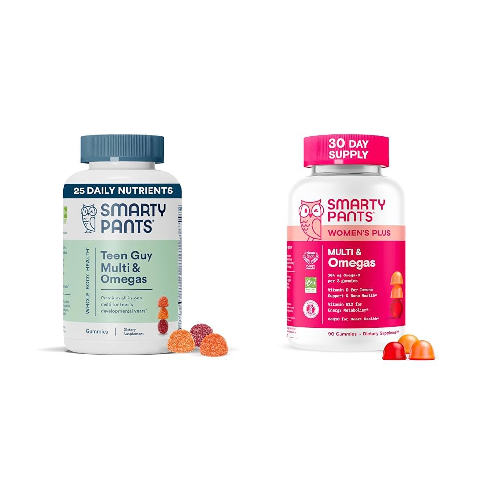 SmartyPants Women 's and Teen Guy Multivitamin Gummies Bundle: Omega 3 (DHA / EPA), Methylfolát, CoQ10, Vitamin D3, C, Vitamin B12, B6, Vitamin A, K & Zinek, Gluten zdarma (30 denní dodávka)