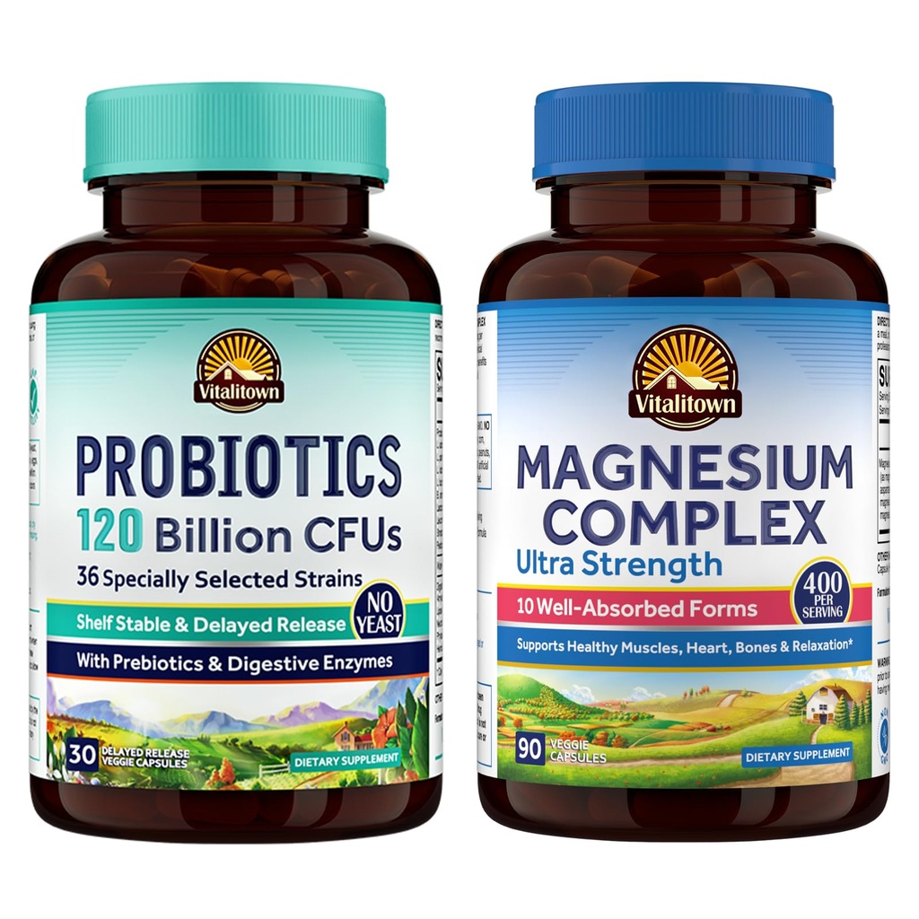 Vitalitown Probiotic + Magnesium Bundle (Balení po 2) Obal 124; Probiotika 120 Milionů (Položka 1) & 6-in-1 komplex hořčíku (položka 2) Obal 124; Gut, Bone, Muscle, Sleep Health Of 124; Vegan Of 124; 30 Kapsle & 120 Kapsle