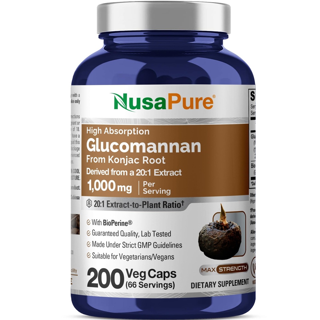 NusaPure Glucomannan 1000 mg na porci 200 Veg Caps (BioPerine, Non- GMO, Vegan) Konjac Root