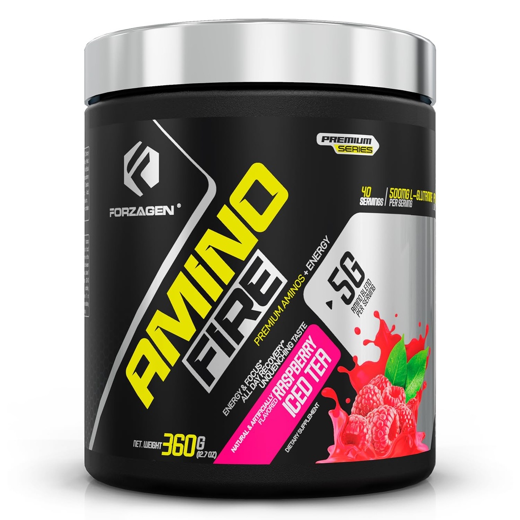 Forzagen Amino oheň 124; Essential Amino Energy Powder for Pre- Workout 124; BCAA Energy Boost & Muscle Recovery Drink Mix, Vylepšení zaměření a koncentrace, Dietní dodatek 124; Malina ledový čaj, 40 Služeb