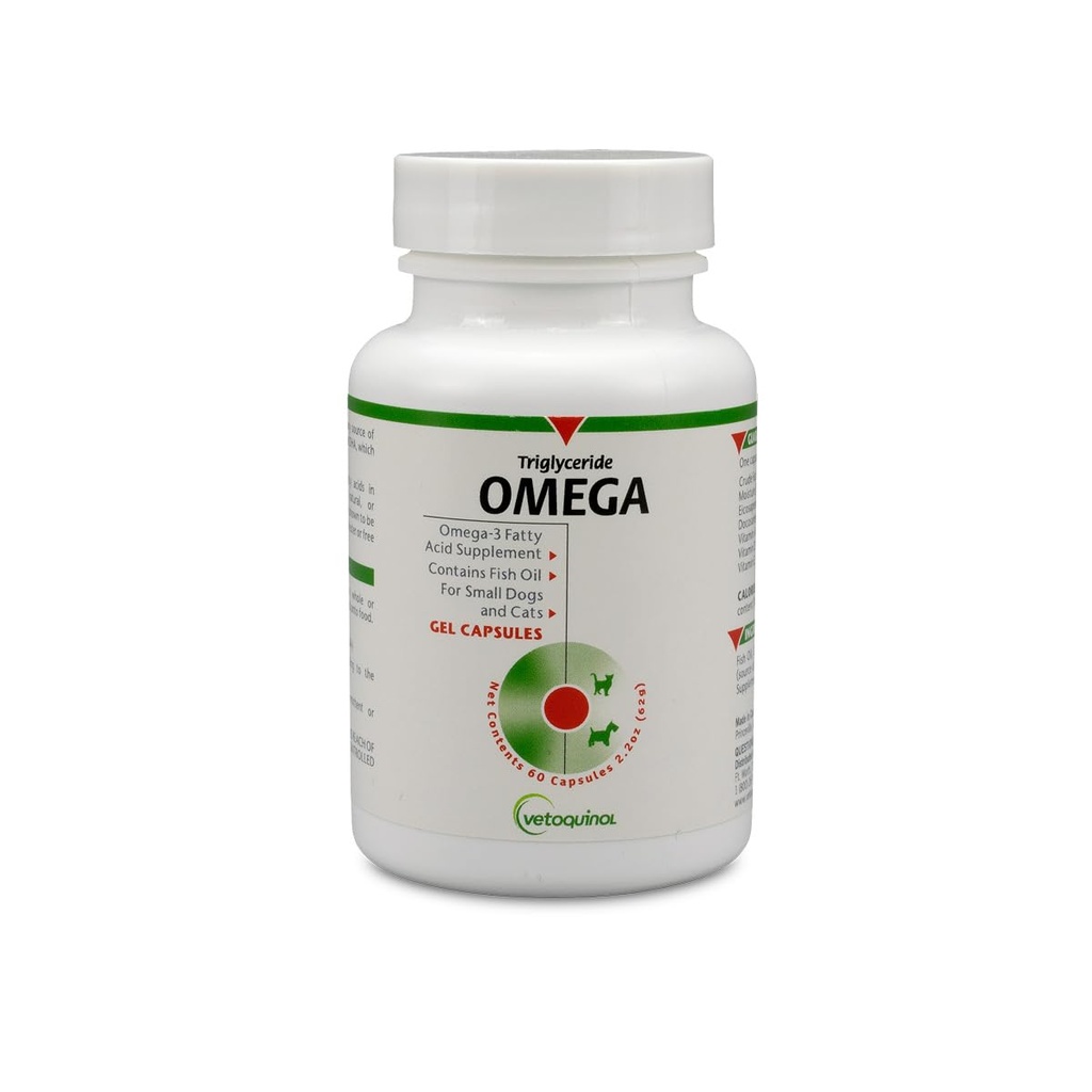 Vetoquinol Triglycerid Omega 3 dodatek pro psy a kočky, Rybí olej dodatek s EPA a DHA, Promotes Skin, Coat, Joint, a imunitní zdraví, Omega 3 Rybí olej pro psy a kočky do 30lbs, 60ct