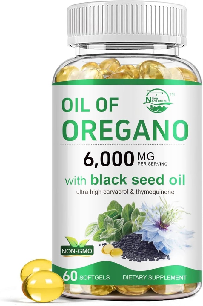 Příroda je živý olej oregano s černým semenným olejem, 2 v 1 Oregano dodatek pro imunitní zdraví, uchovává vysoce koncentrované karvakrol & Thymoquinone, Non- GMO, 60 Softgels, 1 balení