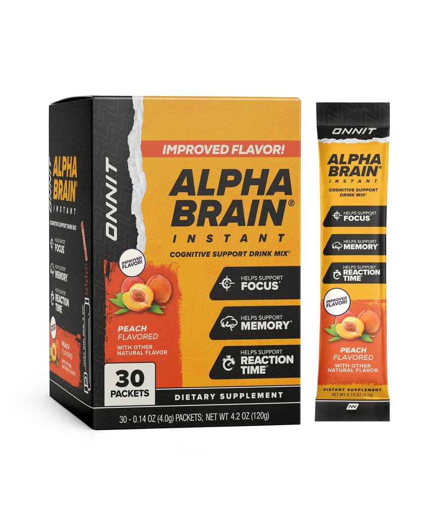 ONNIT Alpha Brain Instant Peach Flavor - Nootropic Brain Booster Memory Supplement - for Focus, Energy & Clarity - Alpha GPC Cholin, Cats Claw, L-Theanine, Bacopa - 30ct