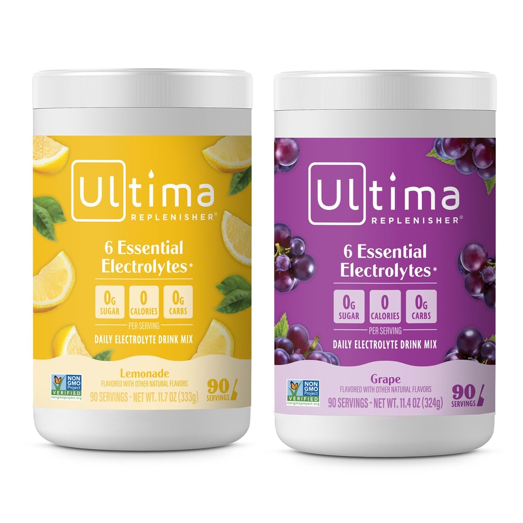 Ultima doplňovač Electrolyte Powder Drink Mix Bundle - Sugar Free - Lemonade and Grape, 90 Servings - Hydration Powder - 6 klíčových elektrolytů a stopových minerálů - Keto Friendly, Non- GMO