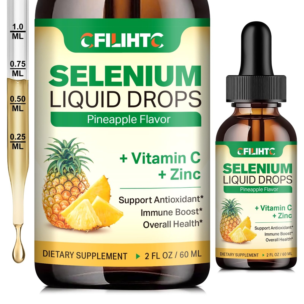 Selen Liquid Drops, 200mcg Liquid Selen dodatek s vitamínem C & zinek, podpora imunitního systému, antioxidant & srdce zdraví, vysoká absorpce, ananasový flavor, 2 Fl Oz