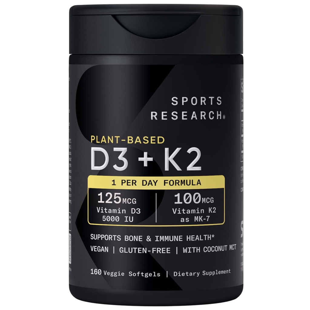 Sportovní výzkum Vitamin D3 K2 s 5000iu Plant- based D3 & 100mcg vitaminu K2 jako MK-7, Non-GMO ověřený & Vegan Certified - 160 Tekuté ponožky