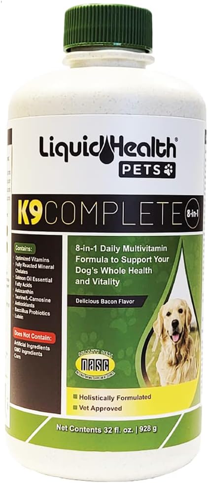 LIQUIDHEALTH Domácí zvířata K9 Kompletní 8- in-1 Liquid Multivitamin pro dospělé senior psy & štěňata, Vše v jednom Kompletní vzorec Canine Vitamíny pro pleť & Coat, Společné zdraví, Imunitní podpora - USA Made (32 oz)