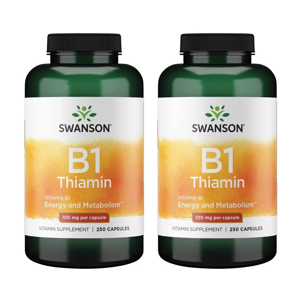 Swanson Vitamin B1 (Thiamin) - Podporuje zdravý metabolismus a poskytuje energetickou podporu - Přírodní doplněk vitaminu podporující optimální nervovou funkci - (250 kapslí, 100mg každé) (2 balení)