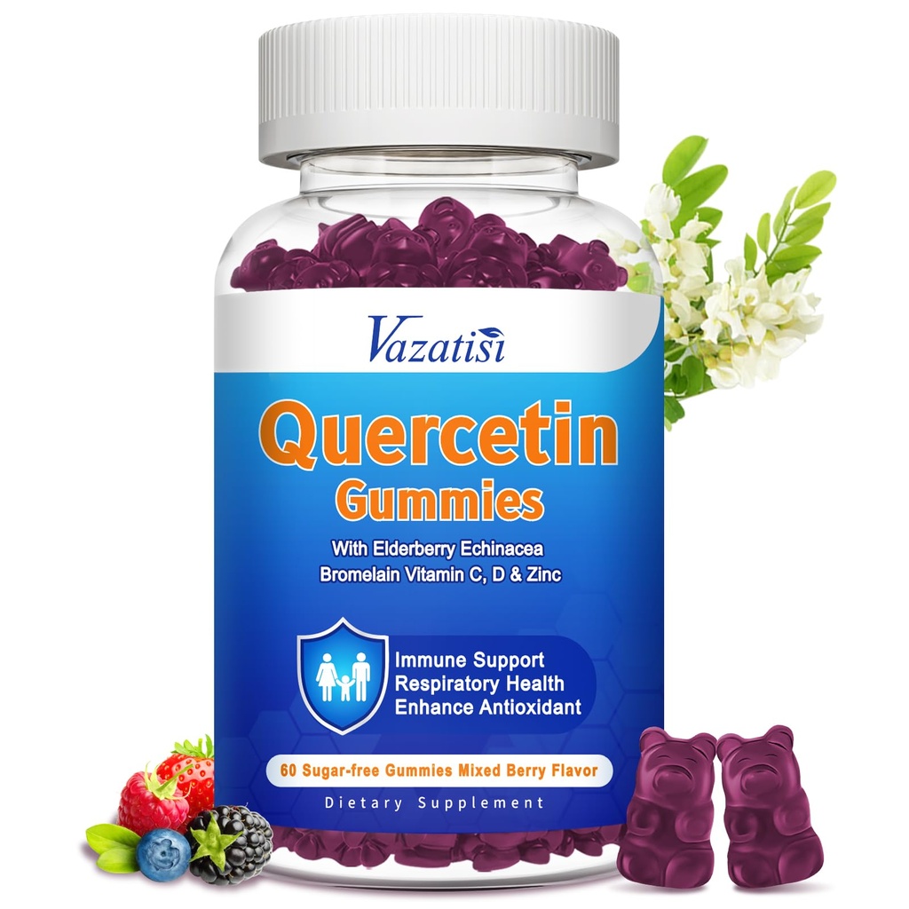 Quercetin s Bromelain Gummies, Quercetin 1200MG s vitaminem C Zinek & Elderberry pro imunitní systém & alergie, Žvýkací a Veganské gumy, 60 Cts