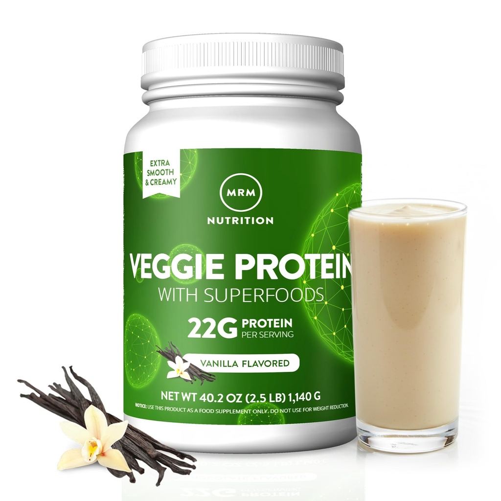 MRM Nutriční Veggie Protein se Superfoods current 124; Vanilla ochucený current 124; 22g Kompletní protein current 124; nad 8.8g Esenciální aminokyseliny current 124; 13 superfoods current 124; s Omega 3 a Omega6s current 124; Keto Friendly currency 124; 33 Servings