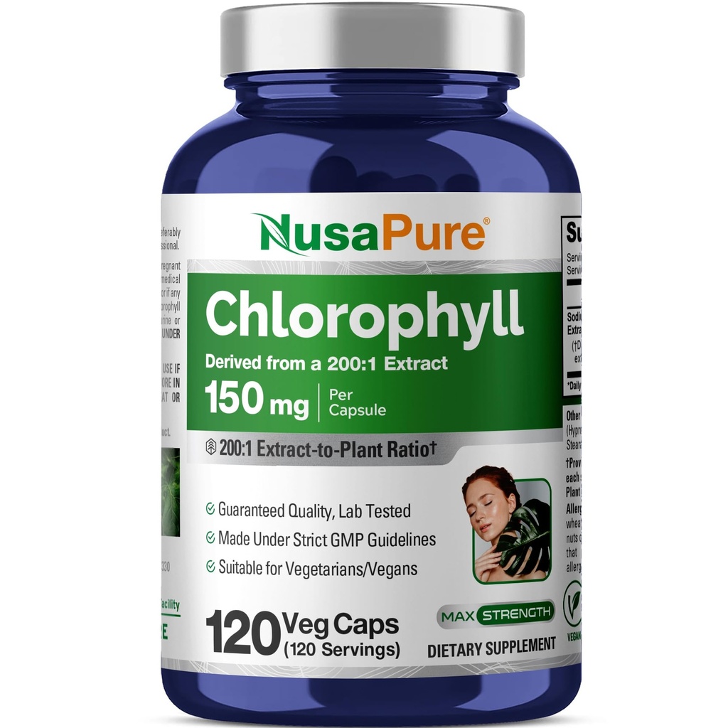 NusaPure Chlorofyl 200: 1 Extrakt, 150 mg Ekvivalentní s 30 000 mg na kapsli 120 Vegetariánských kapslí (Non- GMO, Vegan)