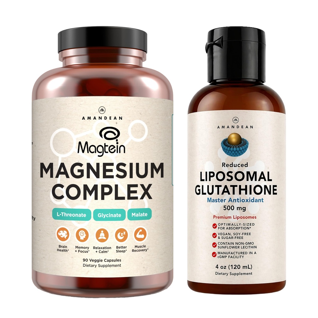AMANDEAN Premium Liposomal Glutathione & Magnesium Complex Bundle. Antioxidant. Tekutá Setria. High- Absorpce Threonát hořečnatý, glycinát a malát. Zdraví mozku a jater. Paměť, soustředění a spánek