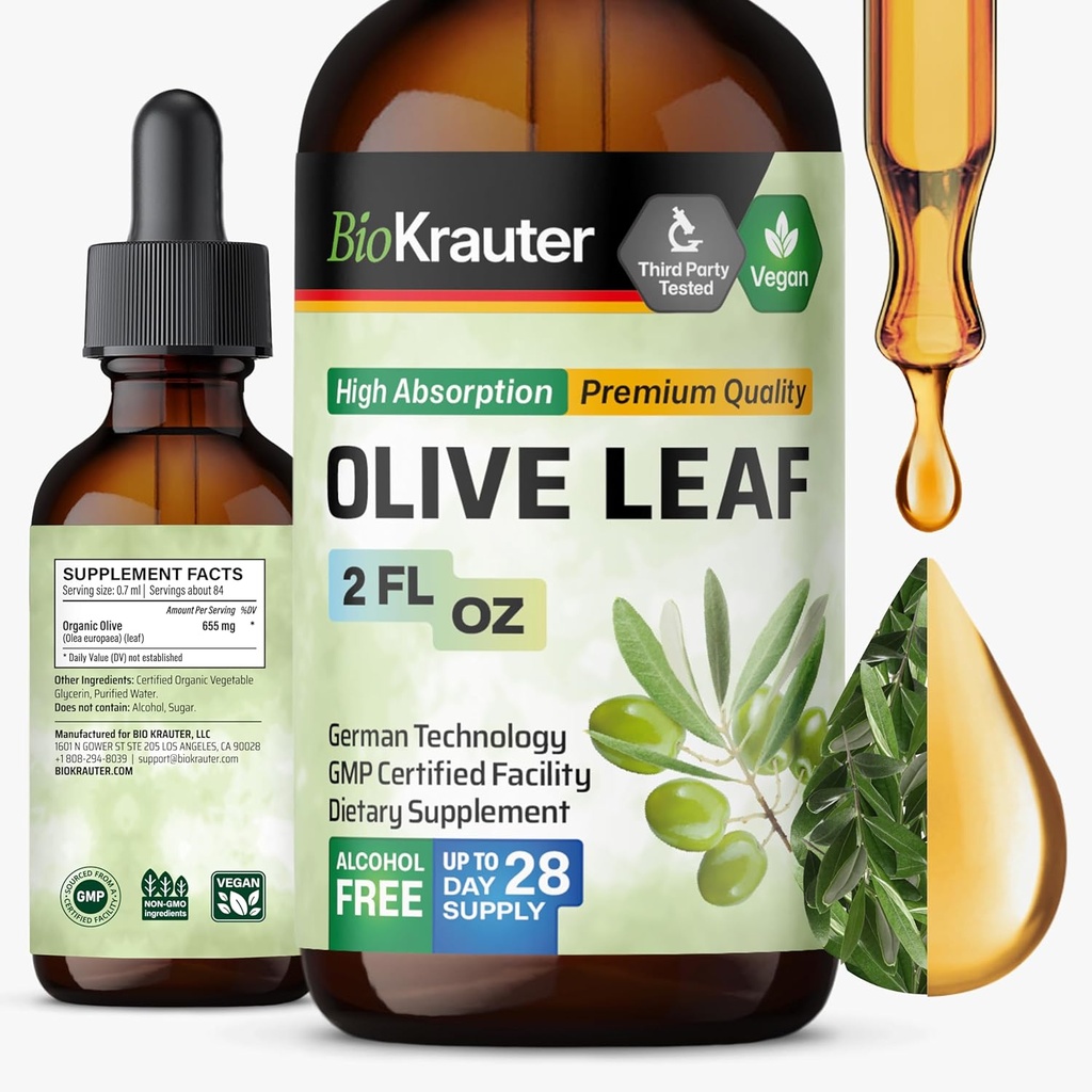 BIO KRAUTER Olive Leaf Extract Liquid - Olive Leaf tinktura pro imunitní podporu - Alkohol a cukr zdarma - Vegan kapky 2 Fl.Oz.