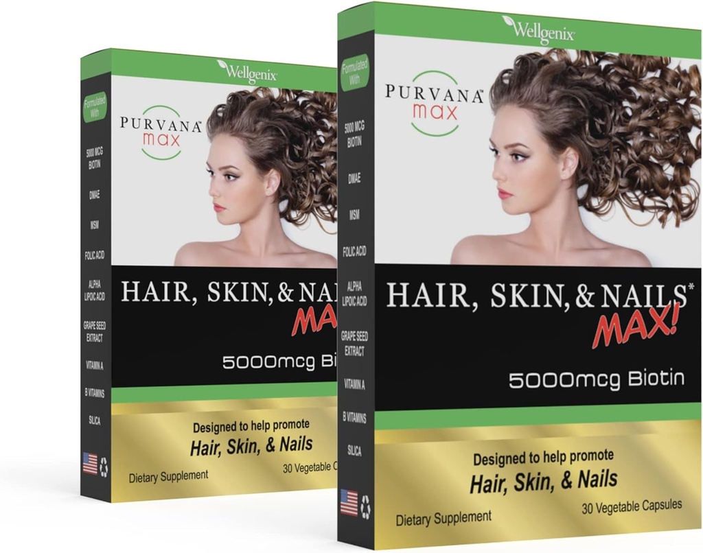 Purvana Max vlasy, kůže, a nehty Vitamin - 5000mcg Biotin, kyselina listová, DMAE, Grape Seed Extract - Jeden den Vegan vlasy, kůže, hřebíky podpora - Promotes kolagen Production - 30 Caps (balení po 2)