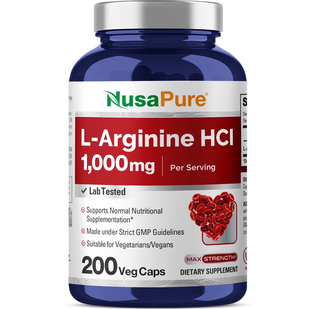 NusaPure L- Arginine 1000 mg 200 Veggie Kapsle (Non- GMO, Vegetarian, Vegan)