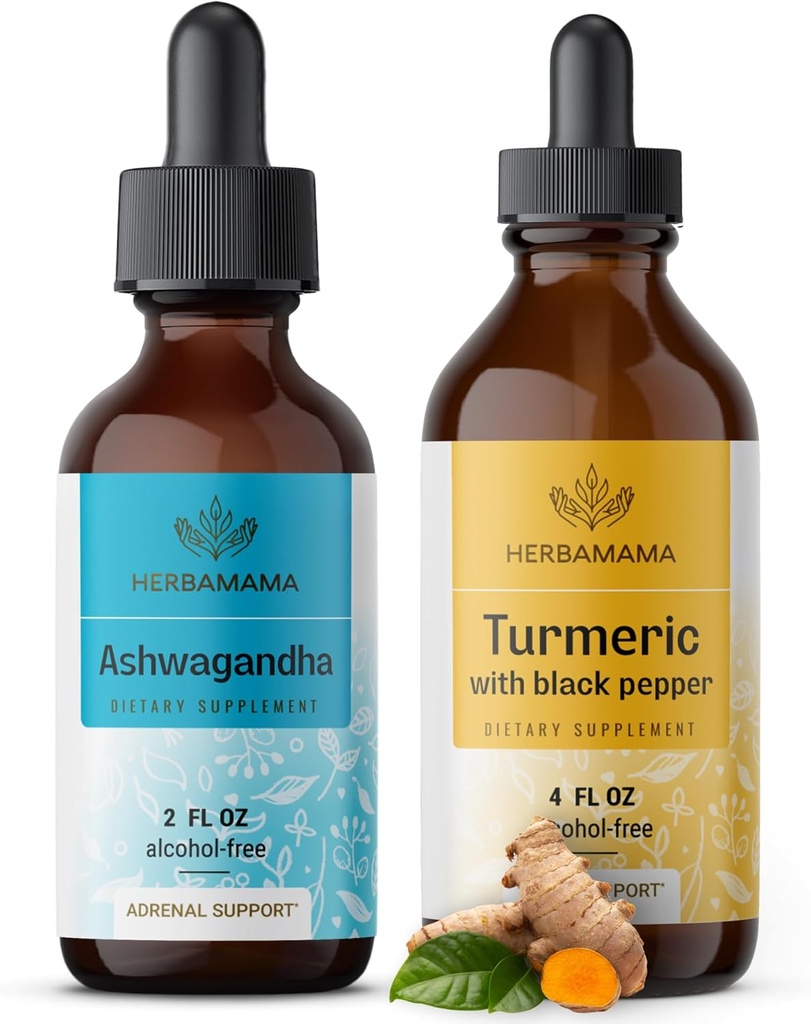 Herbamama Herbal Liquid Drops Kit - Bundle of Ashwagandha Root Extract & Turmeric with Black Pepper Tincture 2 fl oz - Vegan, Non- GMO, Sugar & Alcohol- Free - 2 Pack