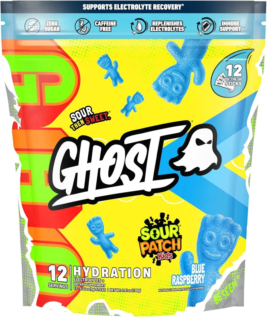 GHOST Hydratační balíčky, Sur Patch Kids Blue Raspberry, 12 Sticks, Electrolyte Powder - Nápoj Mix s hořčíkem, draslík, vápník, vitamín C - Vegan, bez soli, cukr a gluten