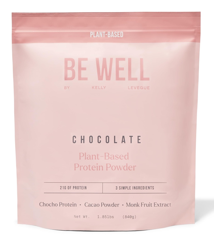 Be Well by Kelly Chocolate Plant- Based Protein Powder, Vegan 21G Protein 9G Fiber 1 NetCarb (3 ingredience, 20 Servings) 9 Amino Acids 3 BCAAs No Soy, No Dairy, Stevia- Free No Sugar Add 1.85lb 840g