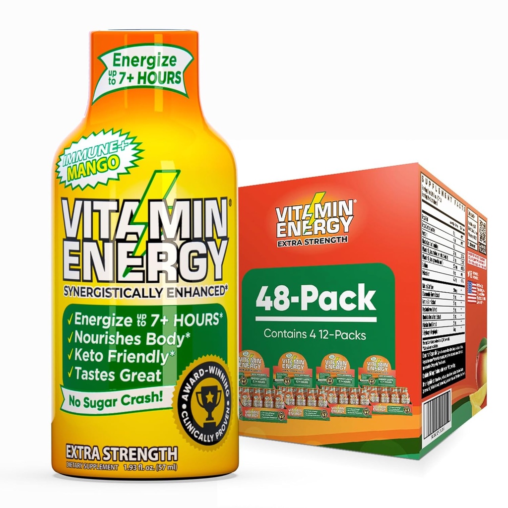 Vitamin Energy Imunní + Extra Síla Energy Shot Mango 48 Pack, 260mg přírodní kofein, B-Vitamíny, Citicolin, Zelený čaj, Imunita & Focus Support, Nulový cukr, gluten- Free 1.93 fl oz