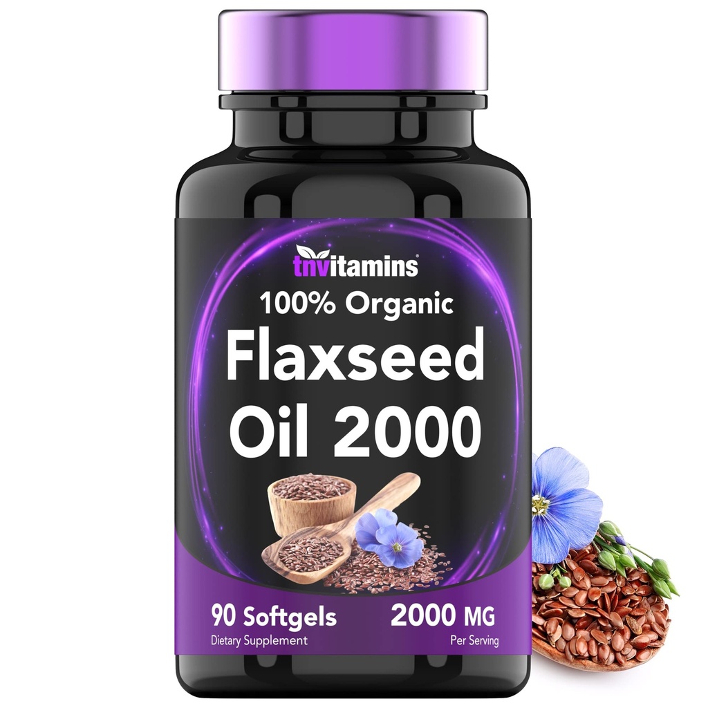tnvitamins Organic Flaxseed Oil Softgels: 2000 mg - 90 Softgels current124; High in Omega33 Fatty Acids current124; Flaxseed Oil Supplement for Women & Men current124; Non- GMO