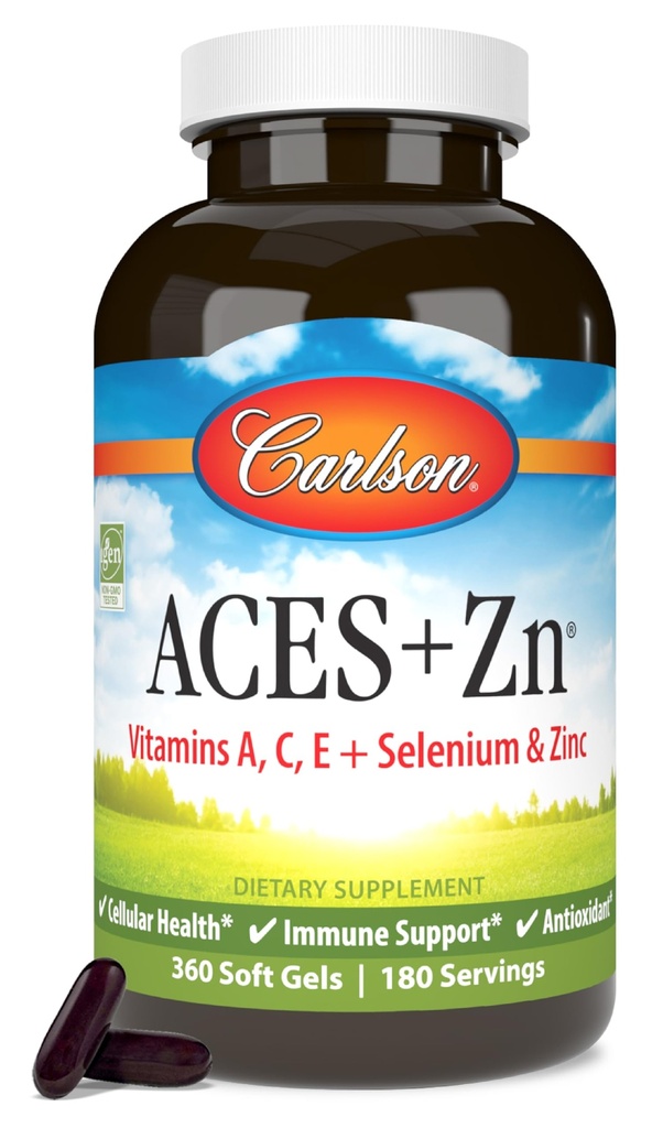 Carlson - ACES + Zn, Vitaminy A, C, E + Selen & Zinek, Multivitamin se zinkem, Cellulární zdravotní a imunitní podpora, Selen Multivitamin, Antioxidant, 360 Softgels