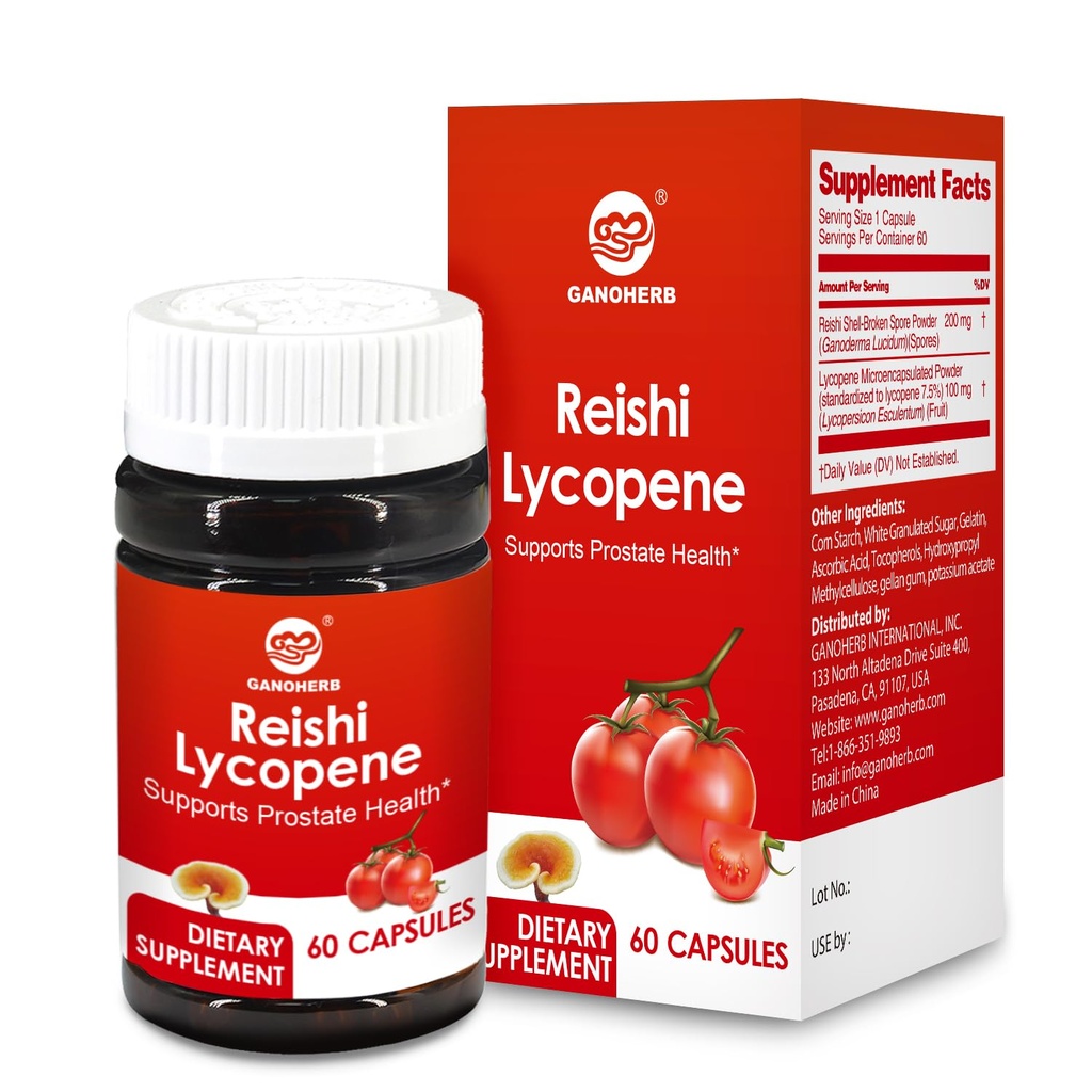 Lycopene dodatek 100mg, přírodní rajčatový extrakt s Reishi Houba 200mg, Houbová kapsle pro imunitní zdraví, gluten- Free, Non- GMO, Vegan, 60 Rychlé uvolnění kapsle