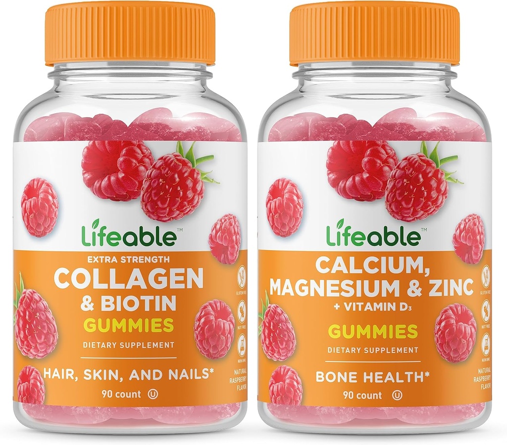 Živý kolagen a biotin + vápník, hořčík, zinek a vitamín D, gumies Bundle - velký přípitek, dodatek k vitamínu, gluten zdarma, GMO zdarma, žvýkací žlab