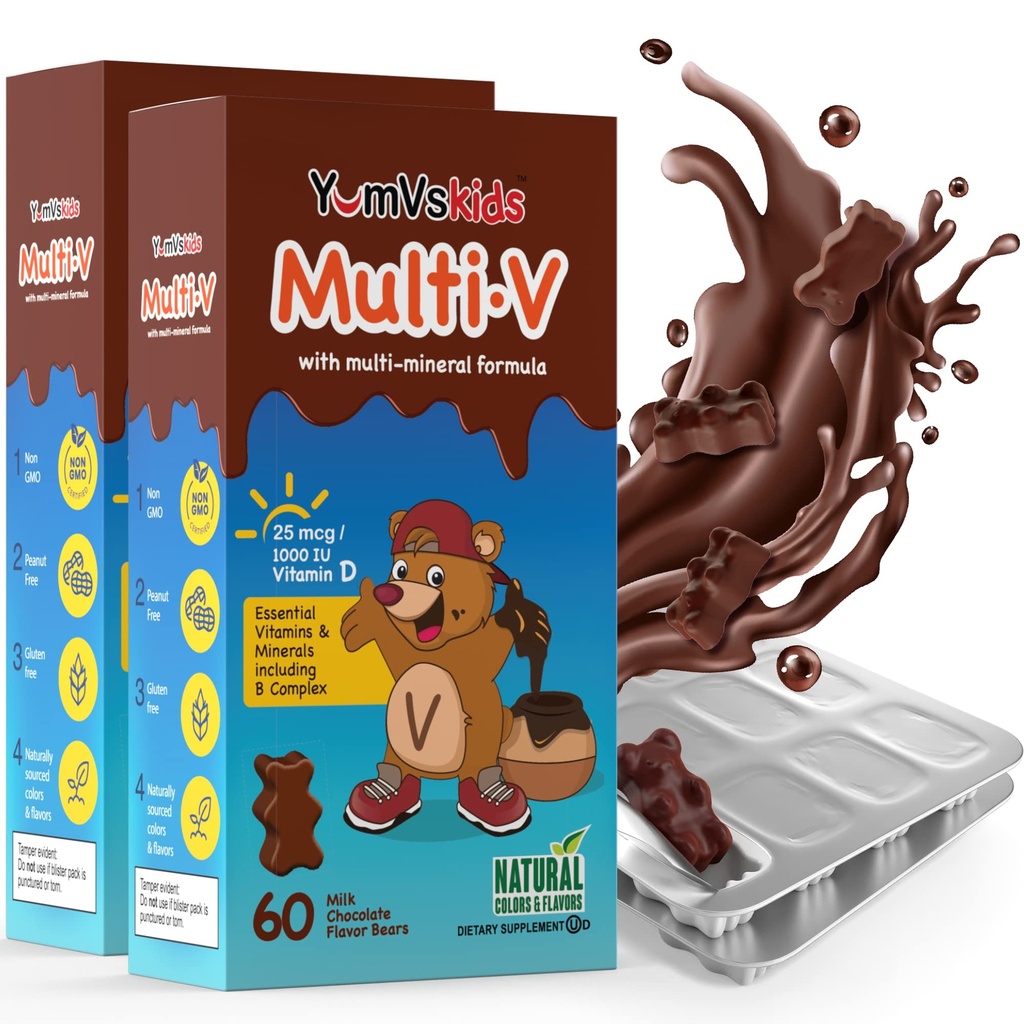 YUM-V 'S - Děti Multivitamin Žvýkací čokoládové medvědy - Multivitamin pro děti dodatek - 16 Vitamíny a minerály - Vitamíny včetně D, zinek, C, B Complex & More, 60 Počet (balení po 2)