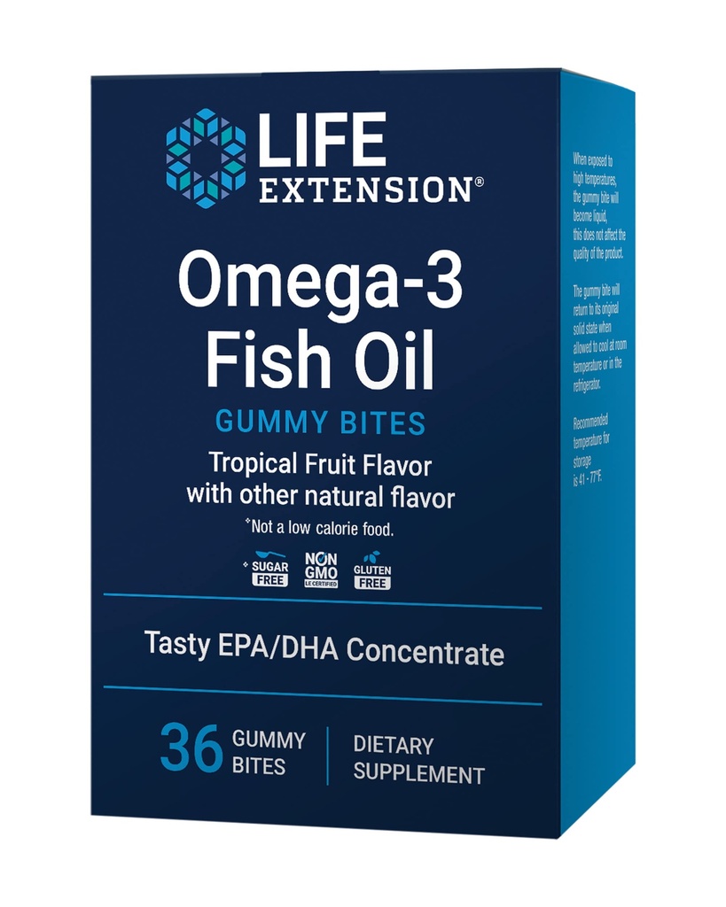 Life Extension Omega33 Fish Oil Gummy Bites, EPA DHA mastné kyseliny, high- dose EPA DHA Support in a Delicious Chewable Form, Non- GMO, Gluten Free, 36 Gummy Bites