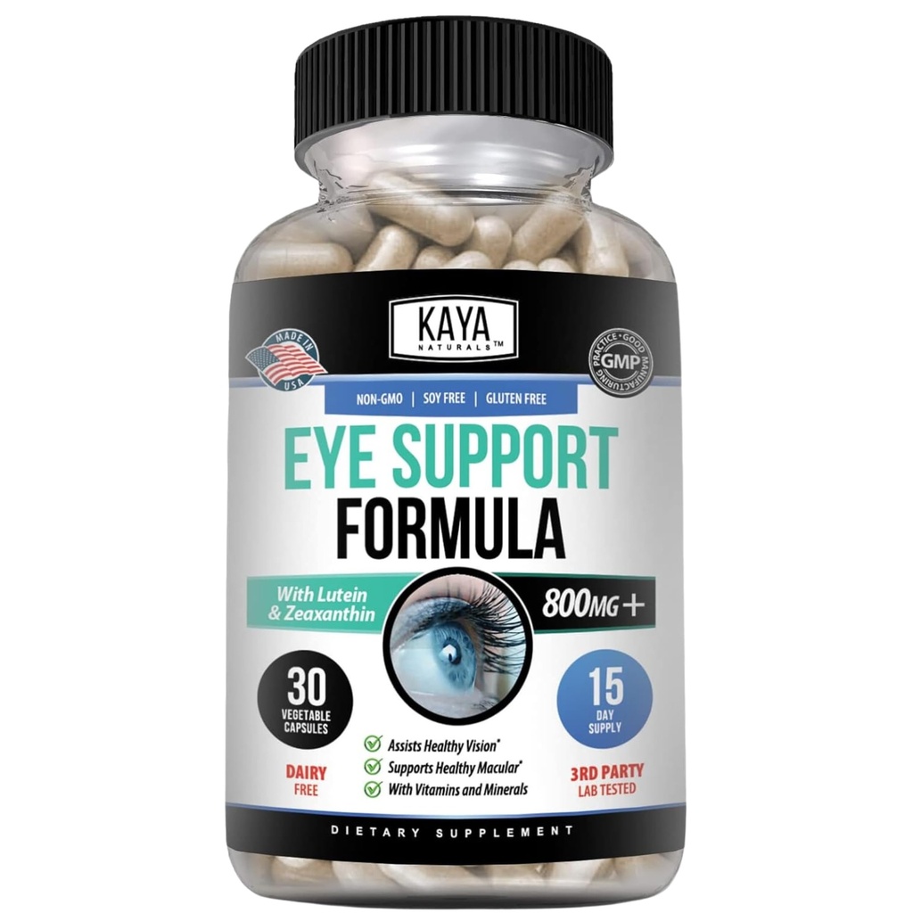Kaya Naturals Doplněk pro oční zdraví, Lutein a Zeaxanthin, Vision Health, Oční Strein Podpora 800 mg vitamin dodatek 30 Kapsle