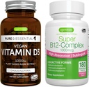 Vegan Vitamin D3 + Super B12- Complex, Vegan Bundle, 365 1000iu Vitamin D3 Tablety + vysoká absorpce Sublingvální B12, od Igennus