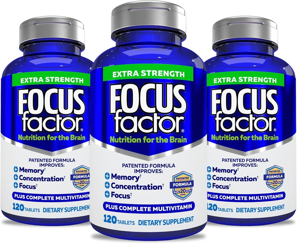 Focus Factor Dospělí Extra Strength, 120 Count- Brain Supplementary for Memory, Concentration, Focus- DMAE, Vitamin D, DHA- Brain Health Supplementary - Důvěryhodné Balení - Brain Vitamíny, Focus Pills (3 Pack)