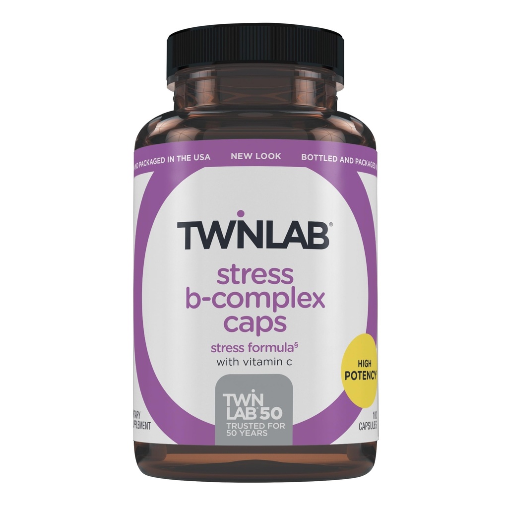 Twinlab Stress B-Complex Caps - Kompletní B-Complex & 1000 mg vitamín C - Dodatek pro energetickou podporu s vitaminem B12 a B6-100 Kapsle
