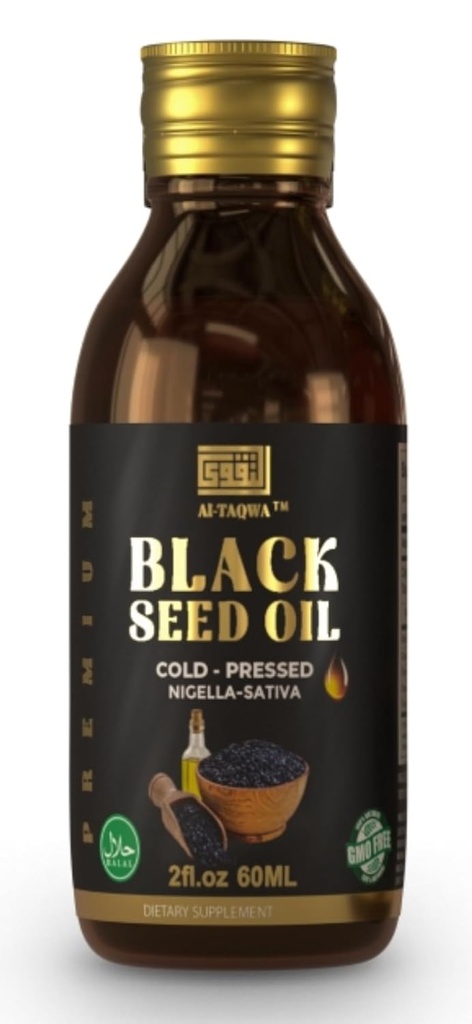 Black Seed Oil, Pure Virgin Black Cumin Seed Oil (Nigella Sativa) Kalonji, Cold Pressed, Nerafinovaný, Thymoquinon, Vegan Friendly, Non GMO, Liquid 60ml
