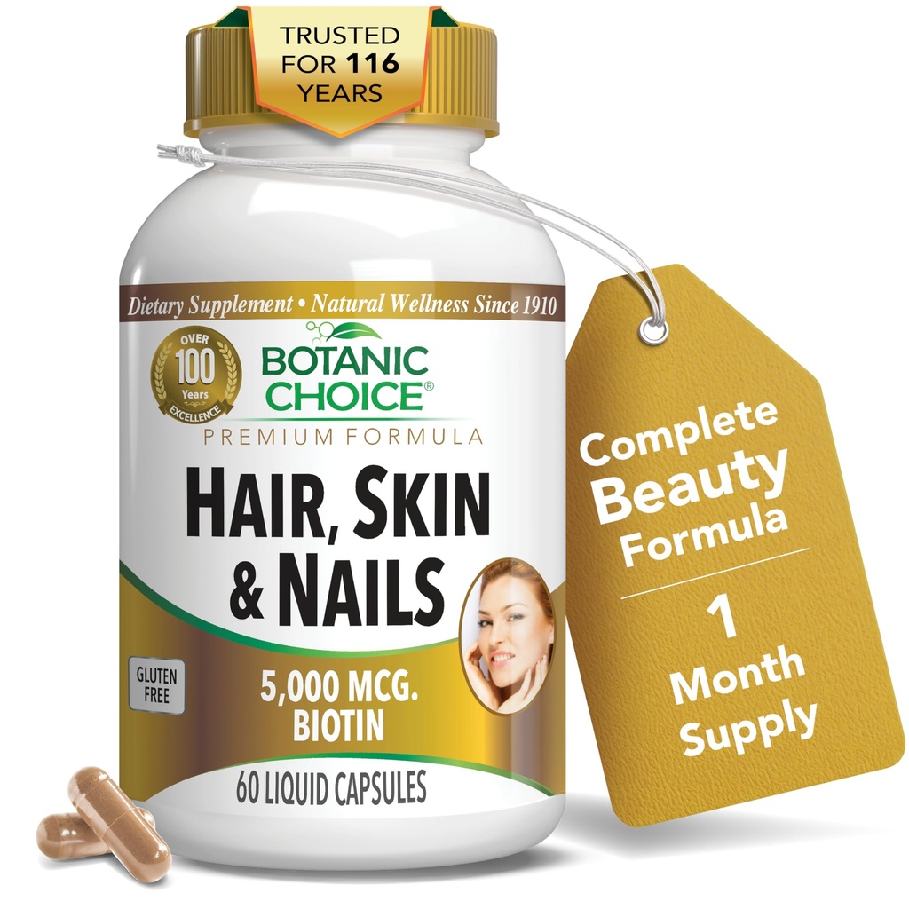 Botanická volba Vlasová kůže a nehty Vitaminy - Biotin dodatek s kolagen, vitamin C, & železo - Super antioxidant směs s Argan Oil & Hyaluronic Acid - 60 kapalné kapsle