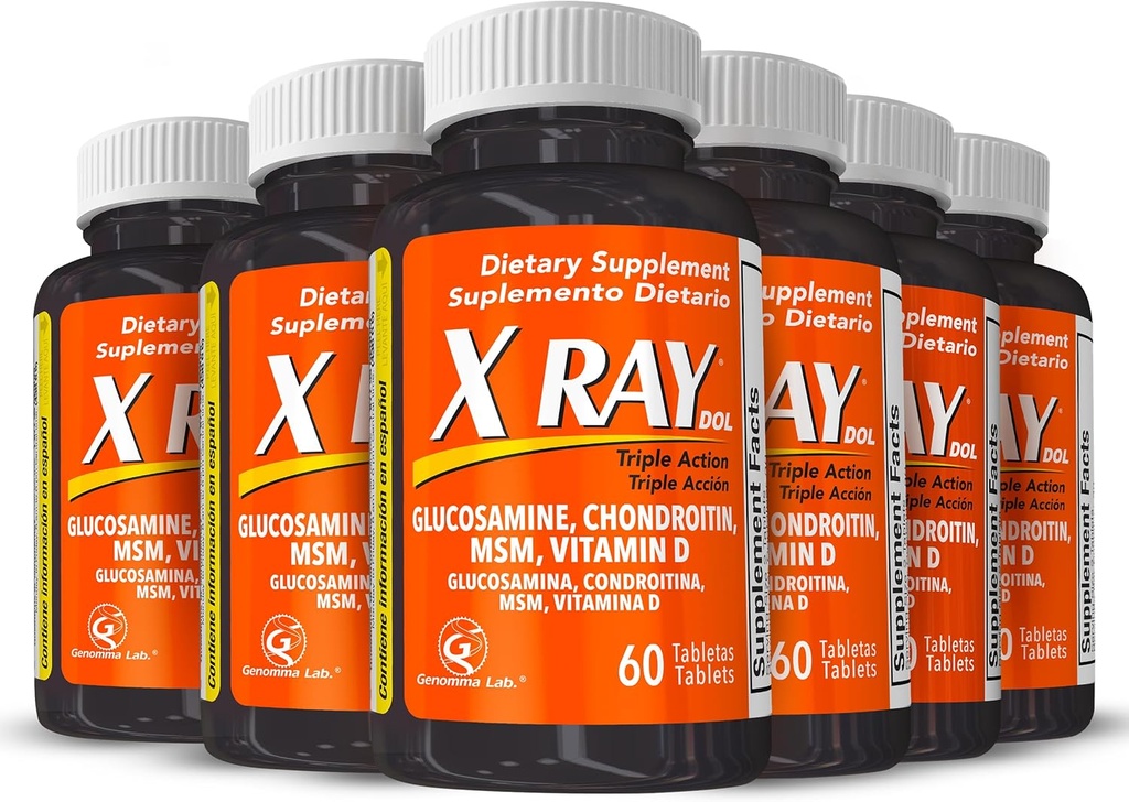 X Ray Dol Triple Action Společná podpora Dodatek s Glucosamine 1500mg, Chondroitin 800mg, MSM 750mg a 5X Vitamin D pro zdravé klouby, kosti a chrupavky - 60 Počet na láhev - 6 Pack