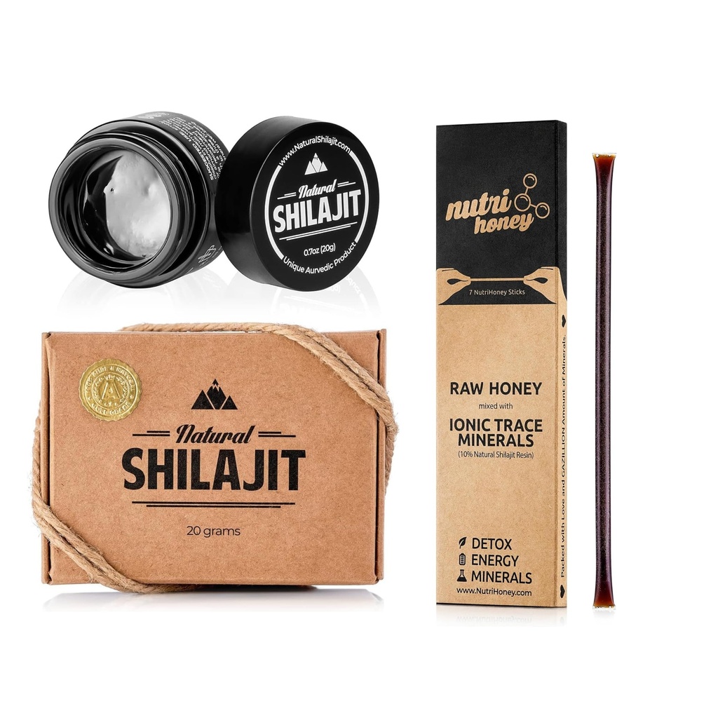 NATURAL SHILAJIT Resin - 20 Gram Shilajit dodatek s Fulvic kyseliny & stopové minerály & Shilajit Honey Sticks 7 Počet