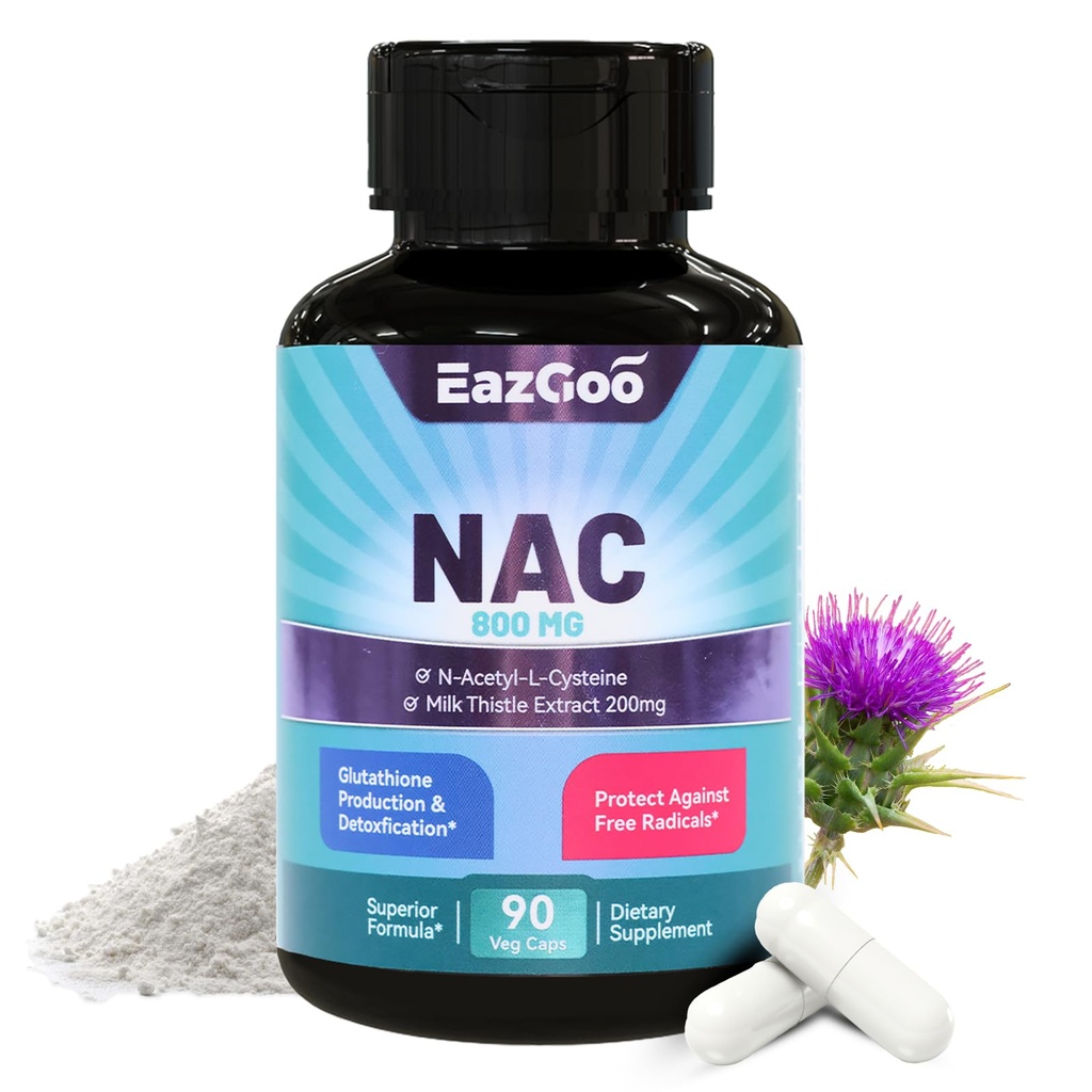 NAC dodatek, N-acetyl cystein Kapsle 800mg, N-acetyl dodatek s mléčným bodlákem 200mg, antioxidační podpora, Vegan, GMOs-free, NAC 90 Počet (balení po 1)