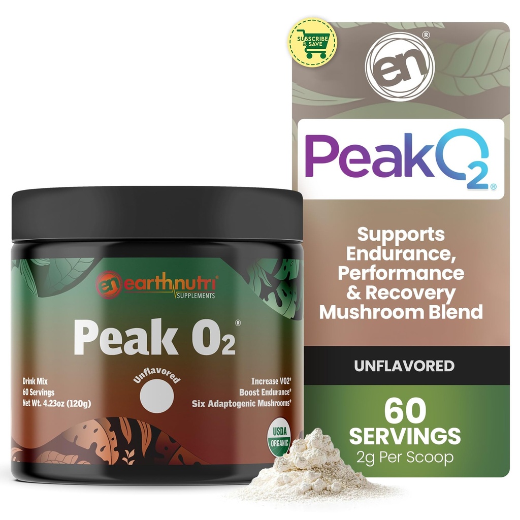 Příplatek za cvičení EarthNutri PeakO2 - Houbový dodatek pro předcvičení Endurance & Atletic Performance - No Additives, No Fillers - Podporuje Stamina, Síla a zotavení - 60 Služeb