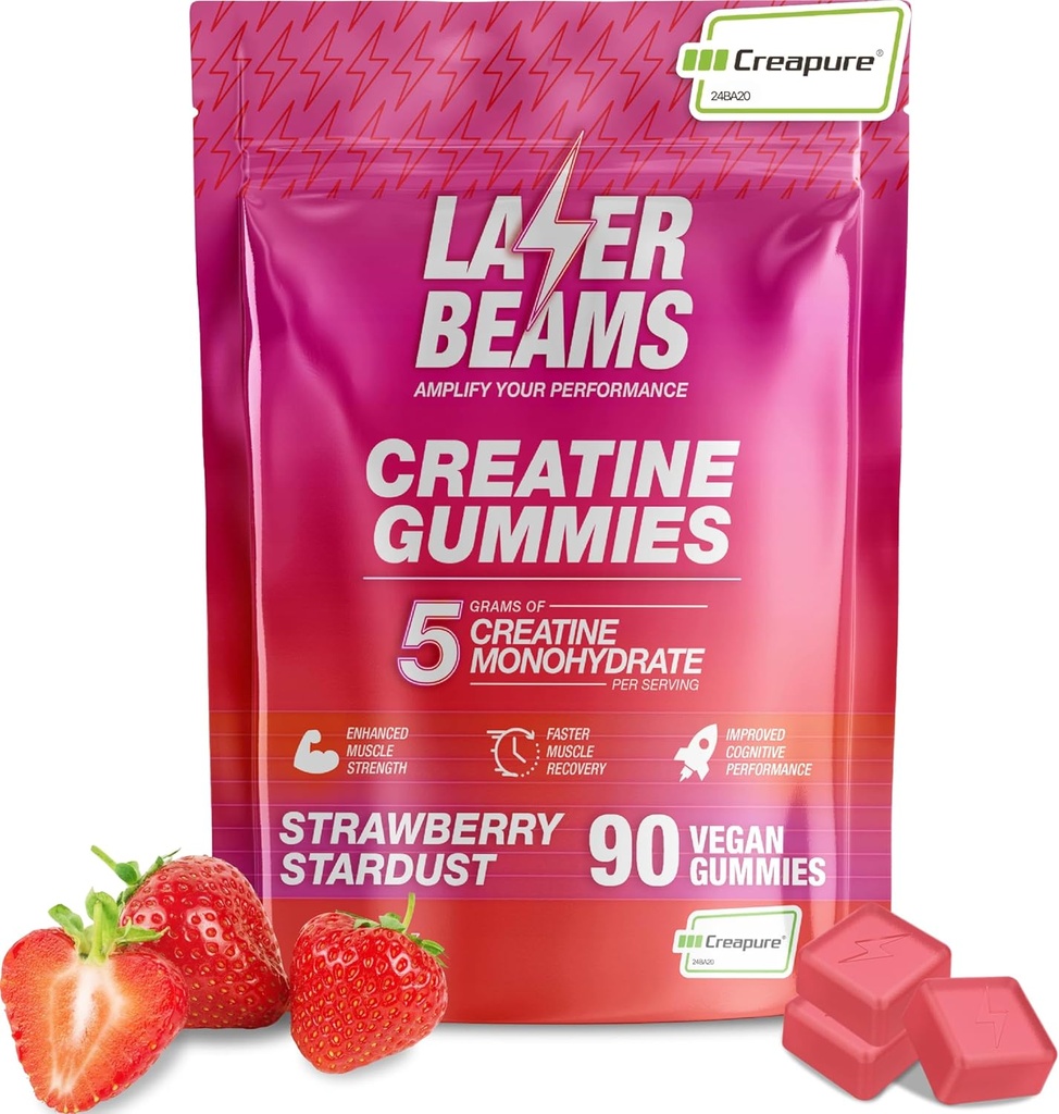 Kreatinové monohydrát Žvýkačky - 5g Creapure Creatine per Serving - Vegan - Boost Svalová síla, Vytrvalost, Recovery & Mental Focus - 90 Žvýkačky, Gluten- Free (Jahoda)