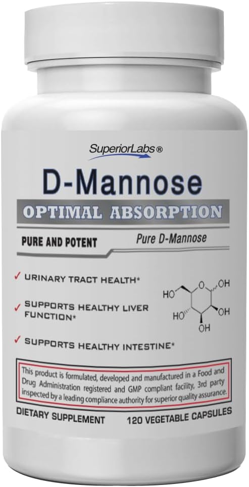 Superior Labs D- Mannose 500 mg, Pure Non- GMO Optimální absorpce Prebiotický, Močový trakt, močová měchýř a močová trubice Podpora, Digestivní a jaterní zdravotní pomoc, IC úleva pro ženy a muže, 120 Veg Caps