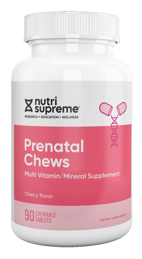 Nutri Supreme Prenatal Vitamin, Žvýkací Prenatální Vitaminy pro ženy s 800 MCG folátu, Kompletní těhotenství Multivitamin se železem, Kosher, Cherry Flavor, 90 Počet